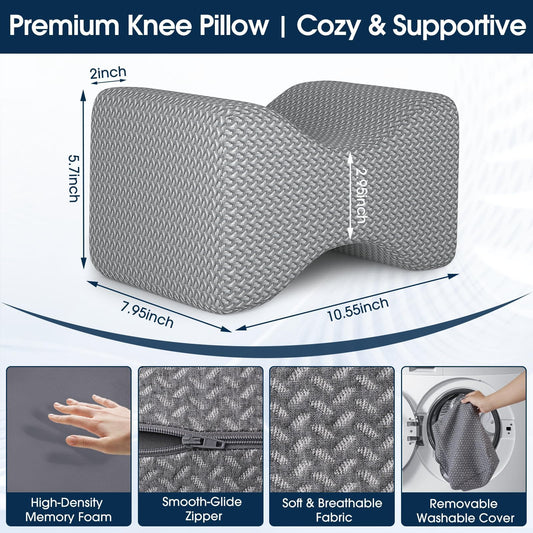 Gray contoured knee pillow with visible dimensions and curved support shape