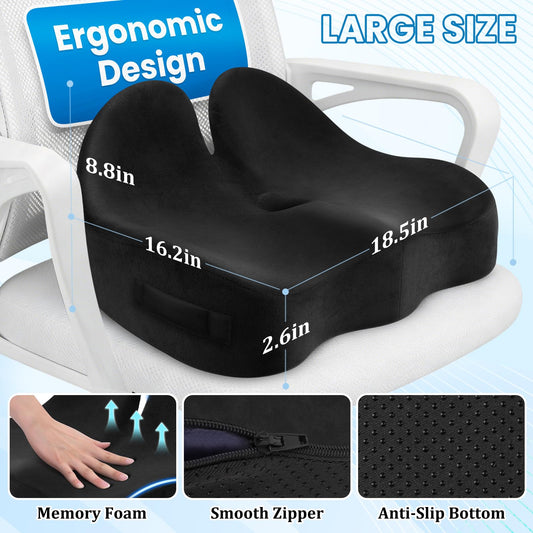 Black ergonomic seat cushion, thick contoured seat for office chair, large size