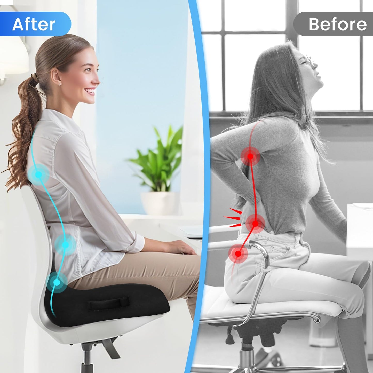 Black seat cushion on an office chair after use, providing back and seat support