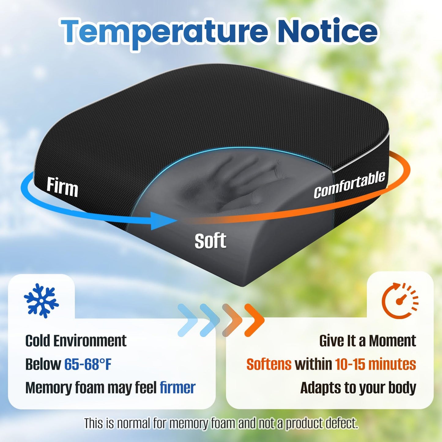 Black memory foam seat cushion with comfort curve shape and smooth top