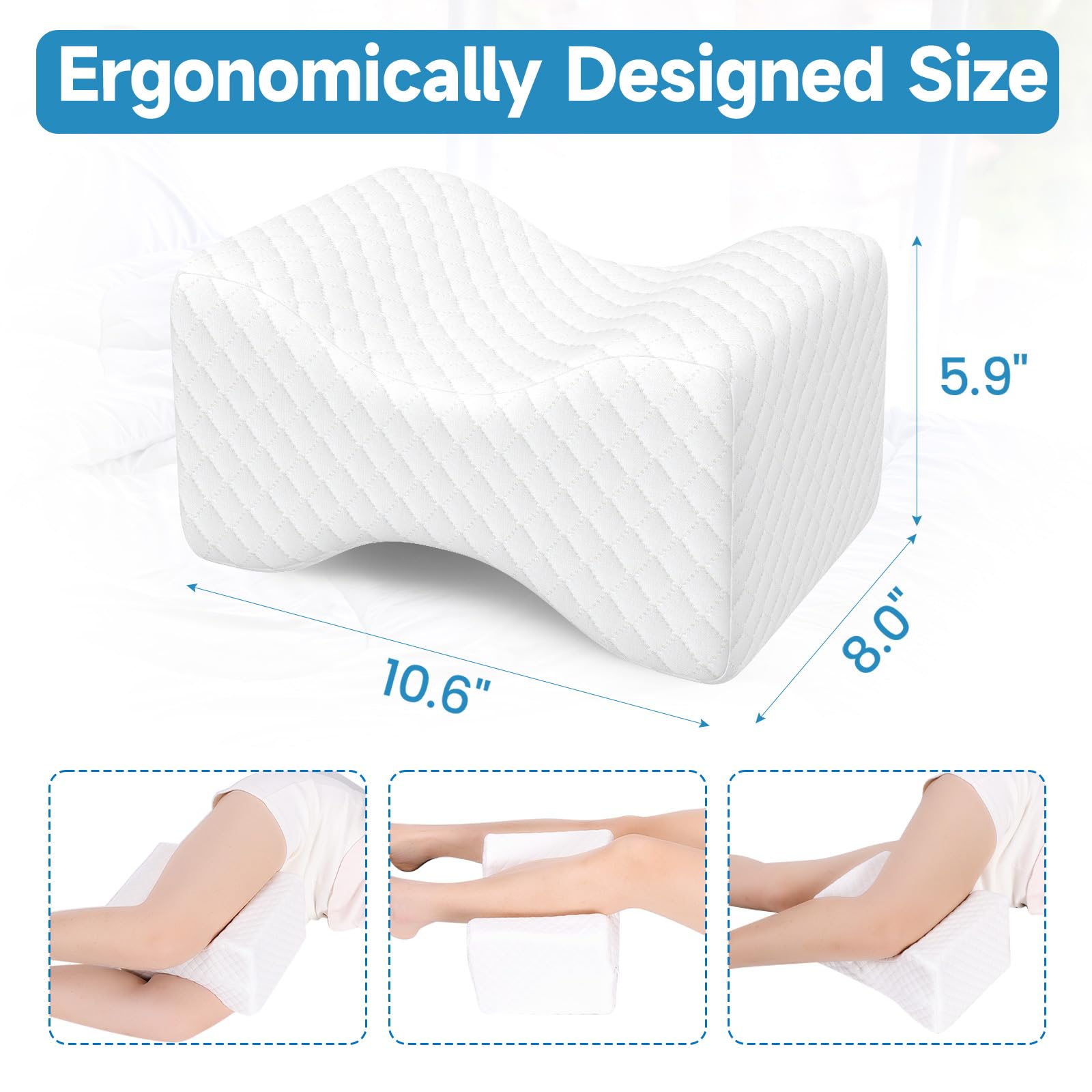 White contoured knee pillow for side sleepers, quilted surface and curved shape
