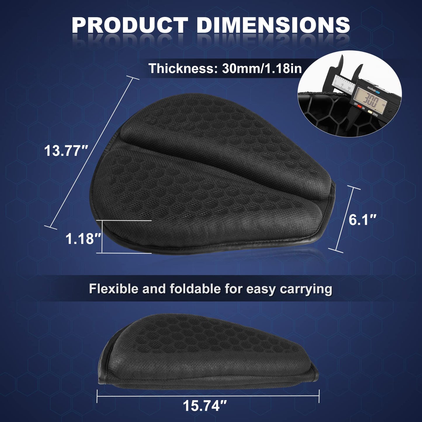Foldable Motorcycle Gel Seat Cushion, Large 3D-Honeycomb Structure Shock Absorption