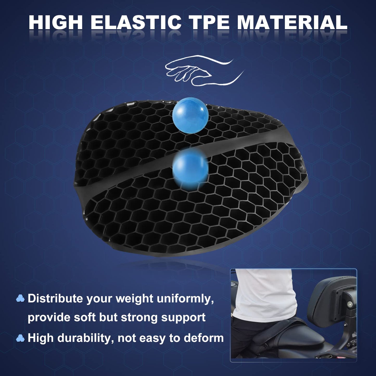 Foldable Motorcycle Gel Seat Cushion, Large 3D-Honeycomb Structure Shock Absorption