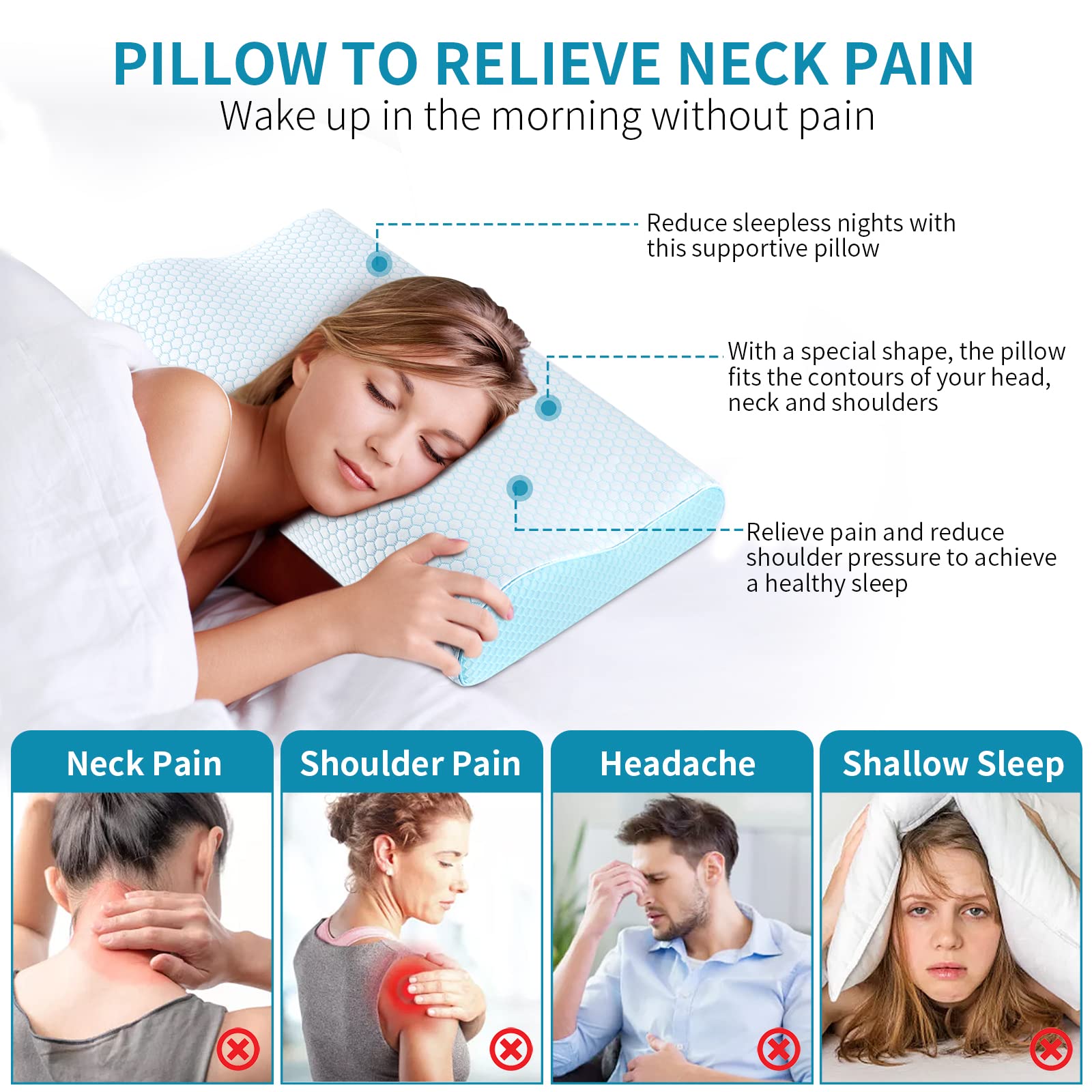 Light blue memory foam pillow supporting a side sleeper's head and neck
