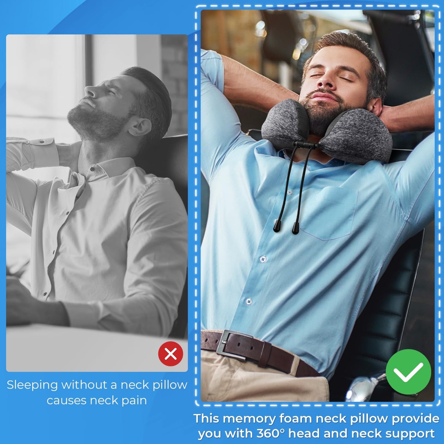 Grey memory foam neck pillow on a person lying down with attached earplugs
