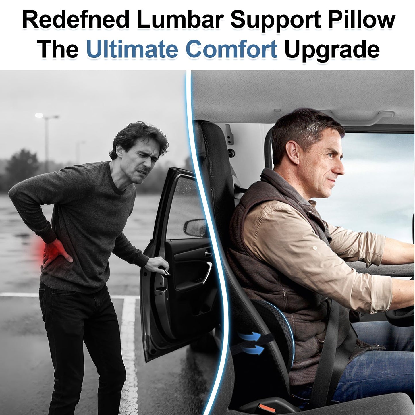 Lumbar support pillow on a car seat with blue contour and side straps