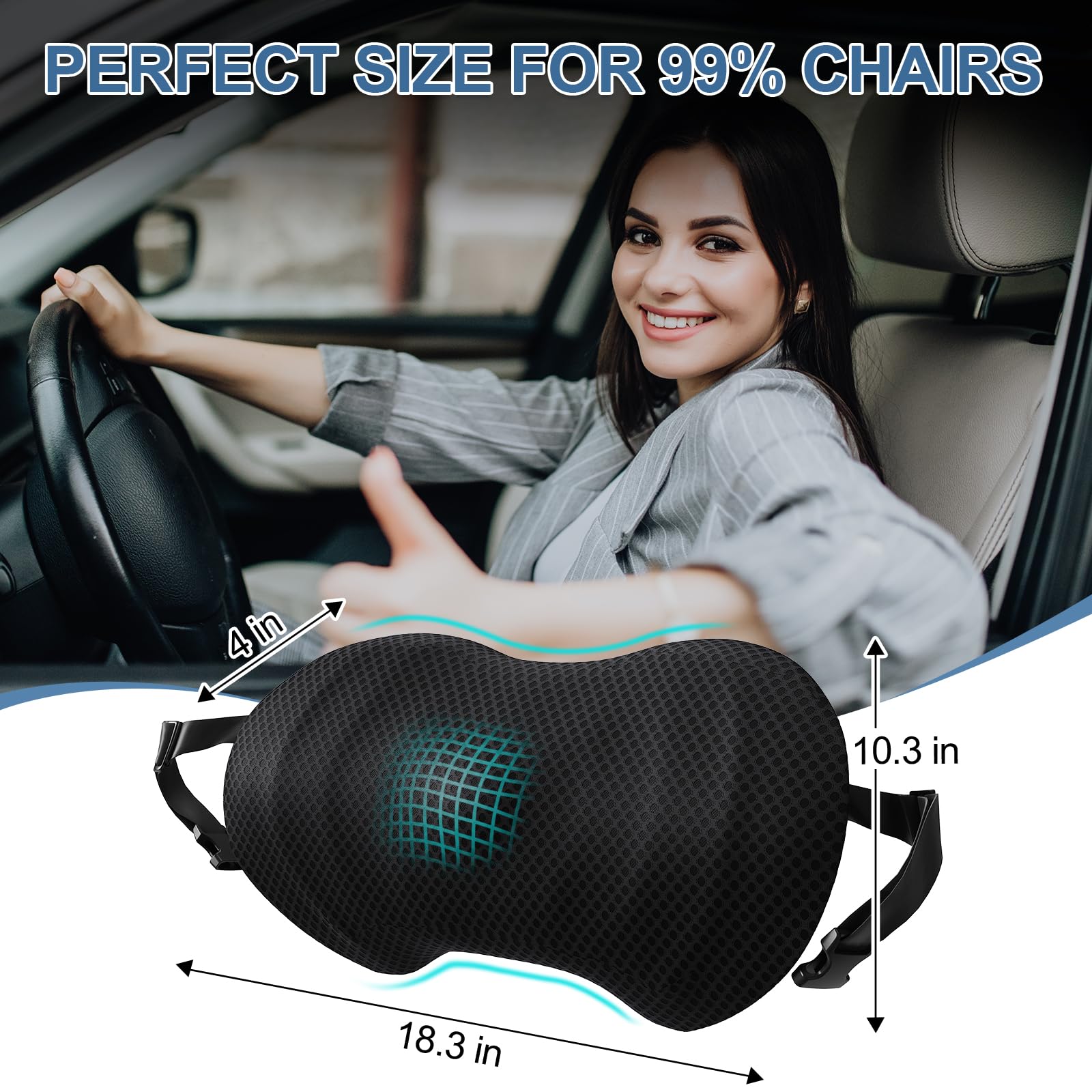 Ergonomic lumbar cushion in dark mesh with blue center logo and straps