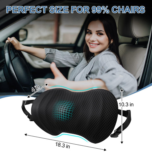 Ergonomic lumbar cushion in dark mesh with blue center logo and straps