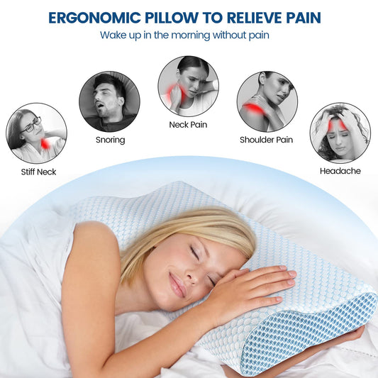Light blue ergonomic neck support pillow with textured cover under a sleeping head.