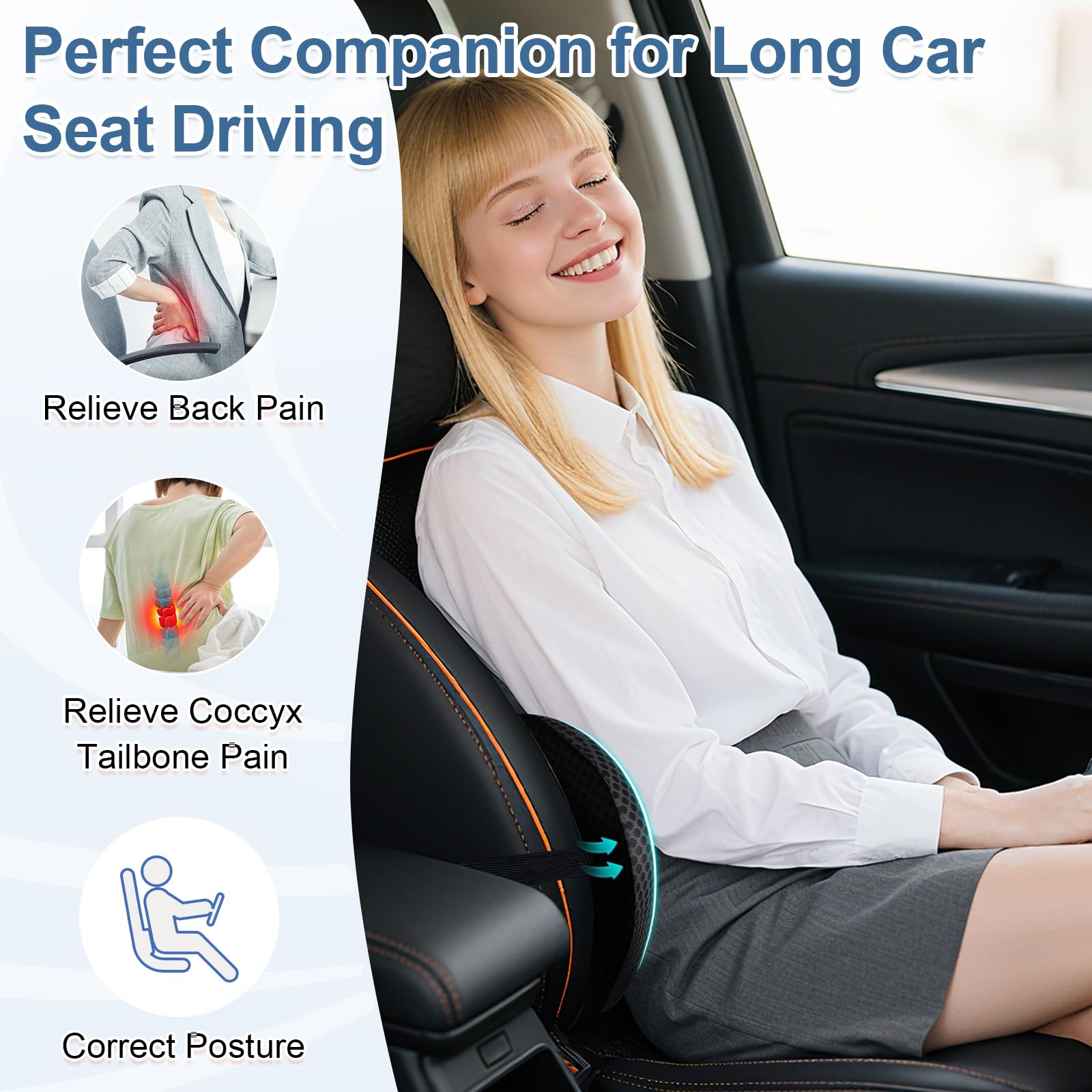 Car seat lumbar support cushion with blue center vent and mesh texture