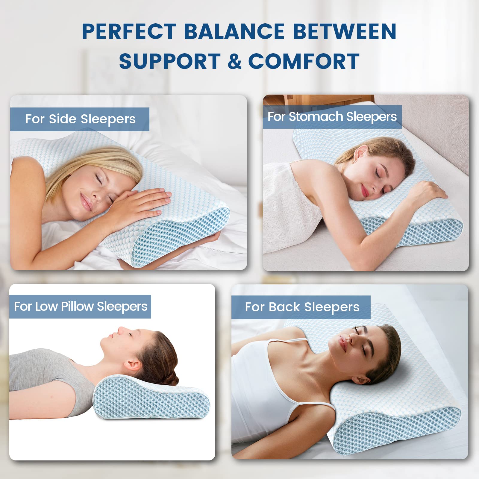 Light blue ergonomic cervical pillow for side, back, and stomach sleeping support.
