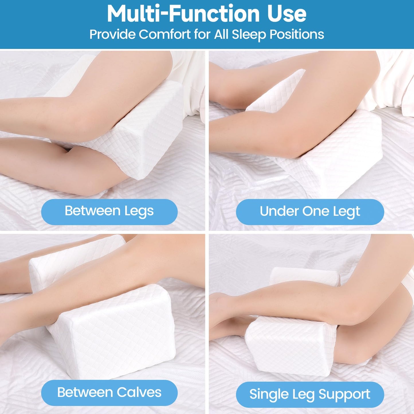 White knee pillow shown for between-legs and under-one-leg support, quilted cover