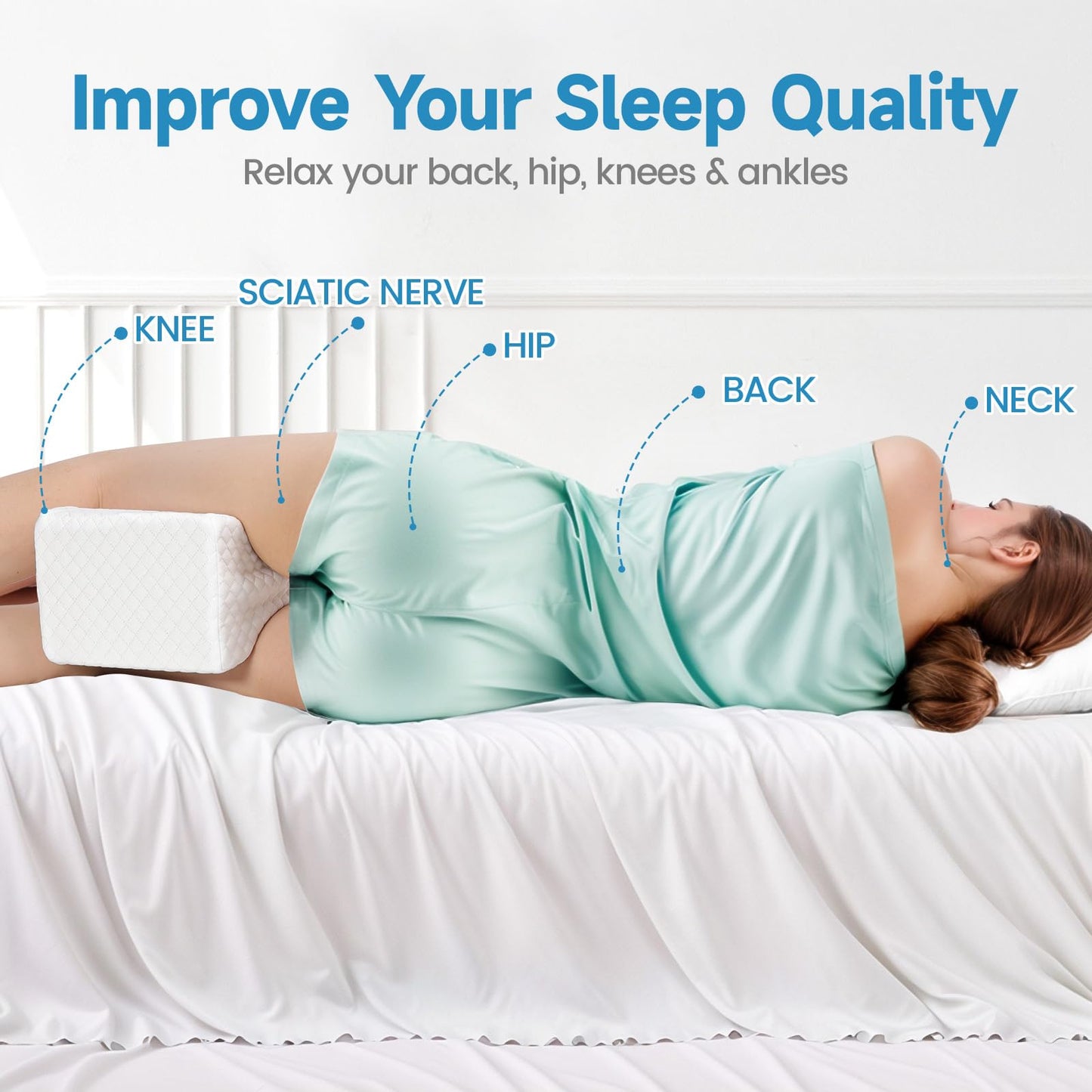 White knee and leg pillow placed beside the hip for side sleeping support