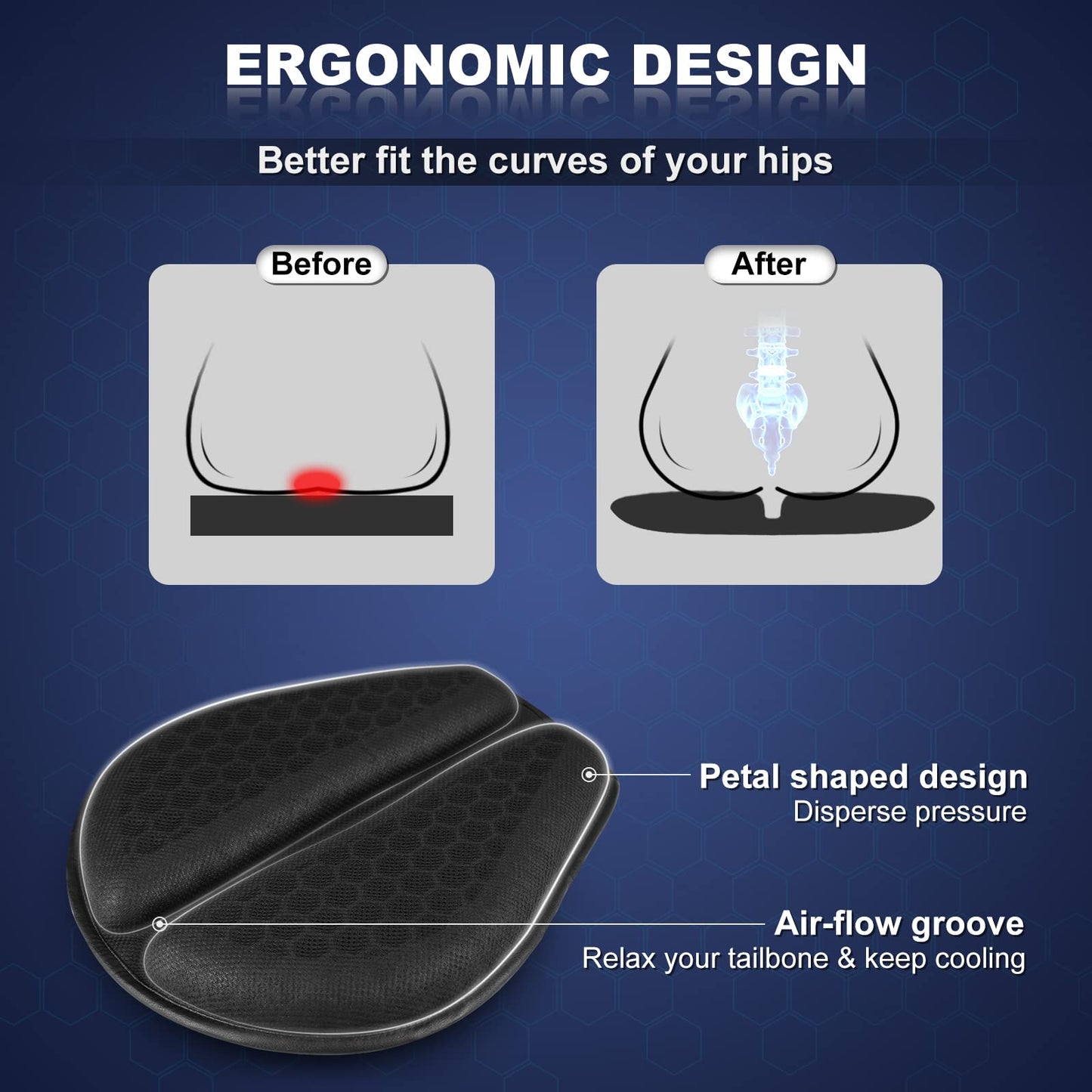 Foldable Motorcycle Gel Seat Cushion, Large 3D-Honeycomb Structure Shock Absorption