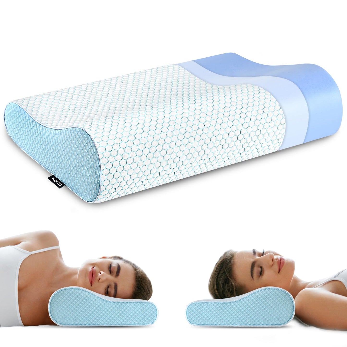 Blue and white memory foam pillow with curved cervical contour