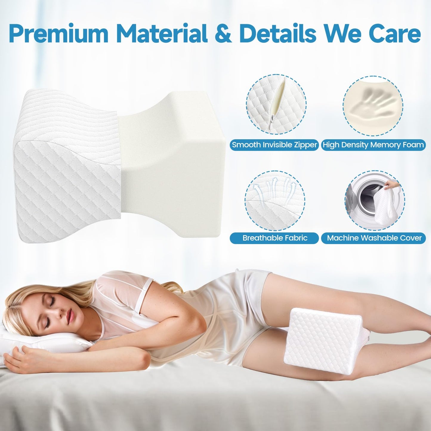 White knee pillow with zippered cover and visible foam insert, quilted texture