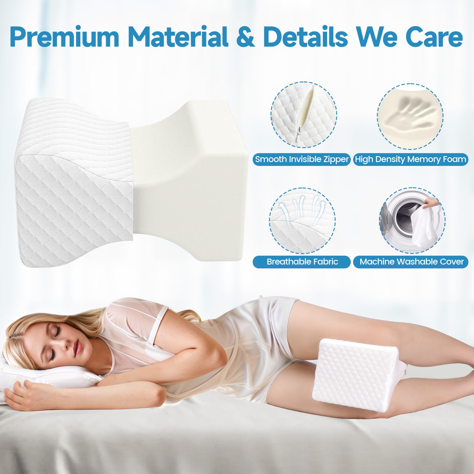 White knee pillow with zippered cover and visible foam insert, quilted texture