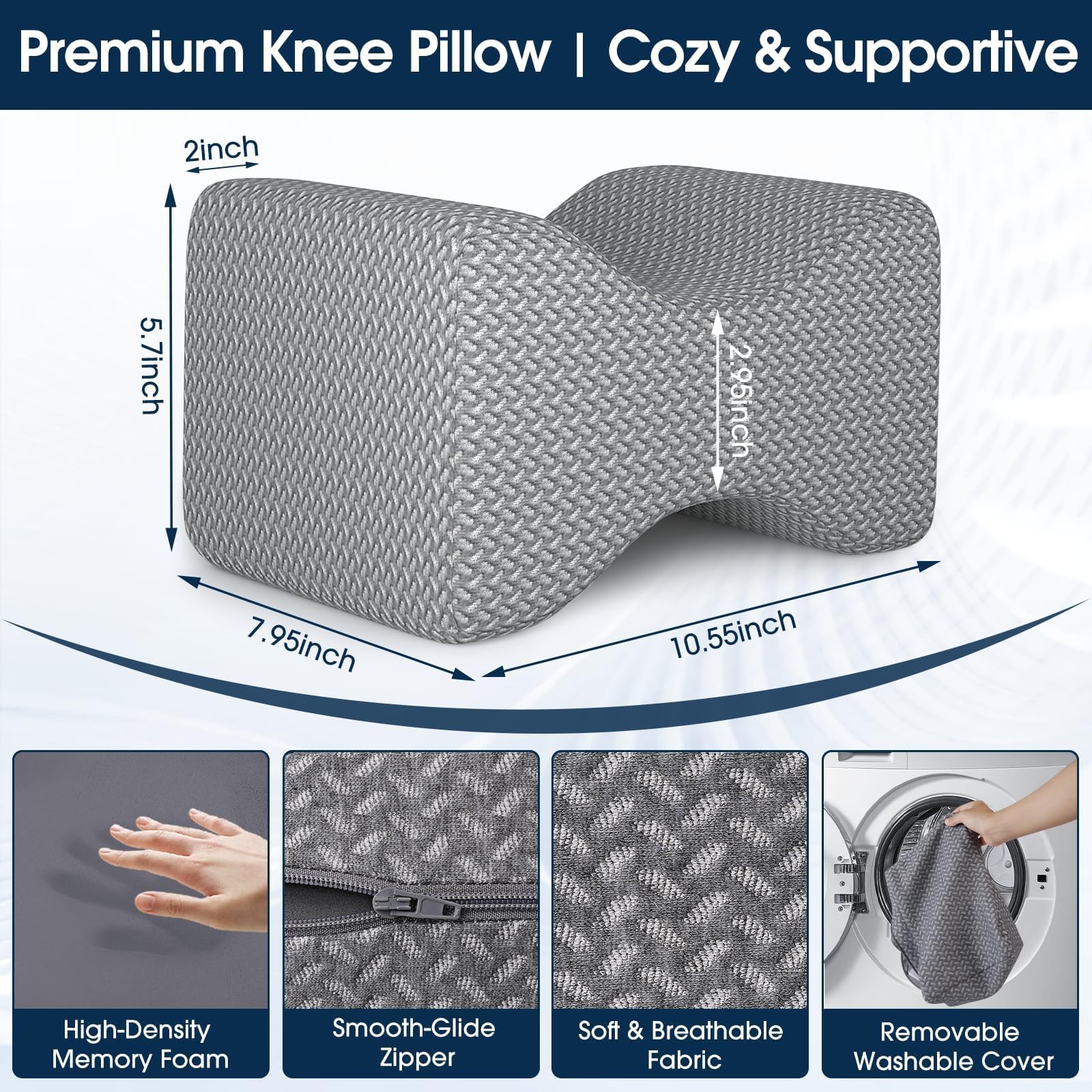 Gray contoured knee pillow with visible dimensions and curved support shape