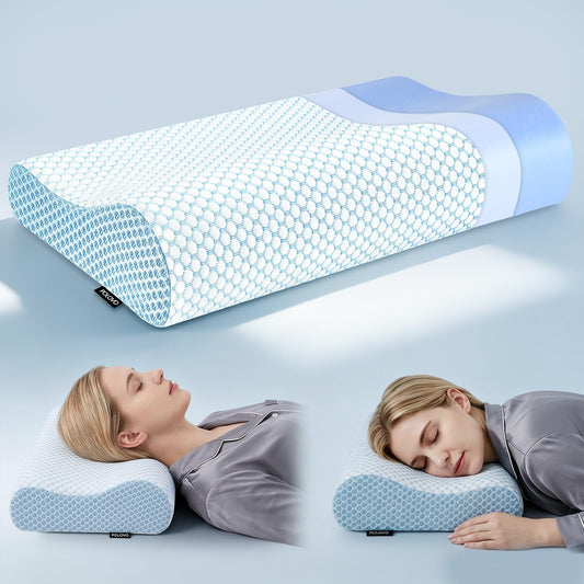 Ergonomic cervical neck support pillow, light blue textured cover with curved contour.