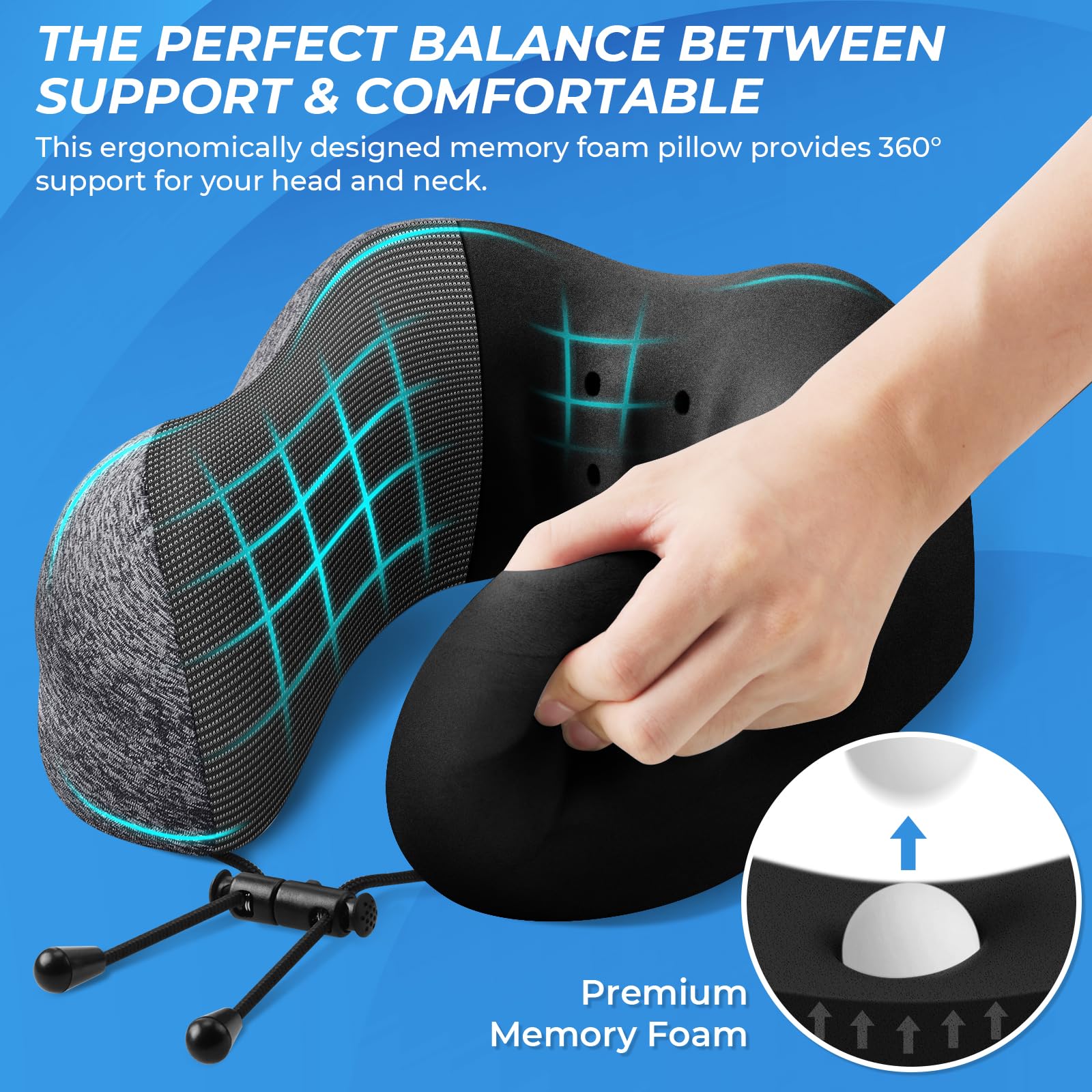 Grey memory foam neck pillow with turquoise grid pattern and attached earplugs