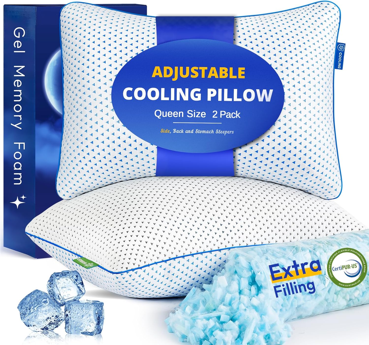 Queen-size cooling gel memory foam pillow with blue textured cover and insert filling