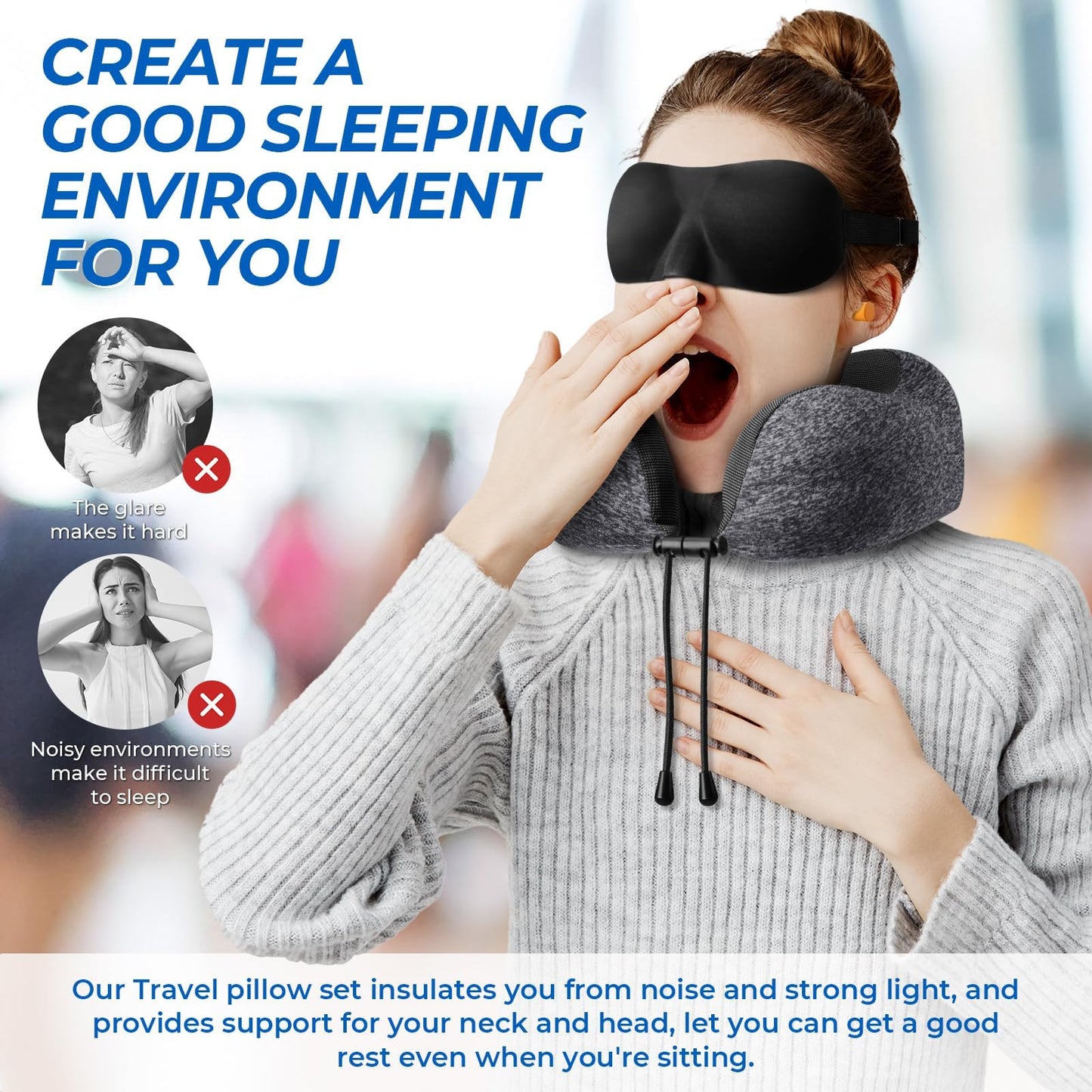 Grey memory foam neck pillow with black eye mask and earplugs on a seated person