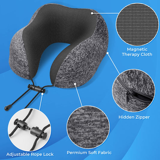 Grey memory foam neck pillow with turquoise piping, adjustable rope lock and earplugs