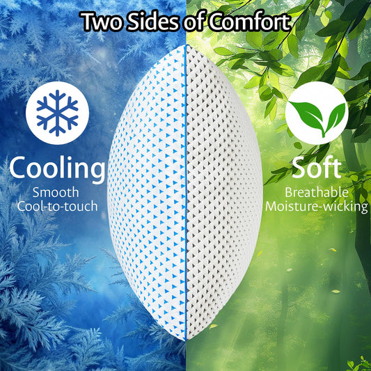 Two-sided memory foam pillow with blue triangle texture and white surface, oval shape