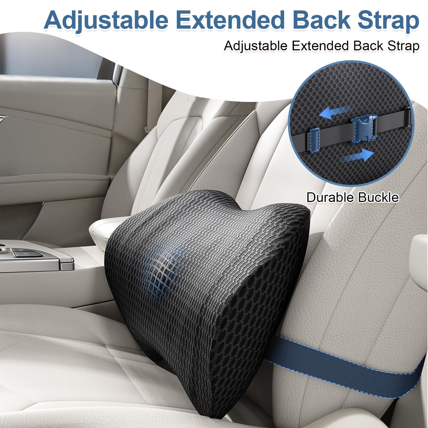 Lumbar support pillow with adjustable back strap and durable buckle on car seat