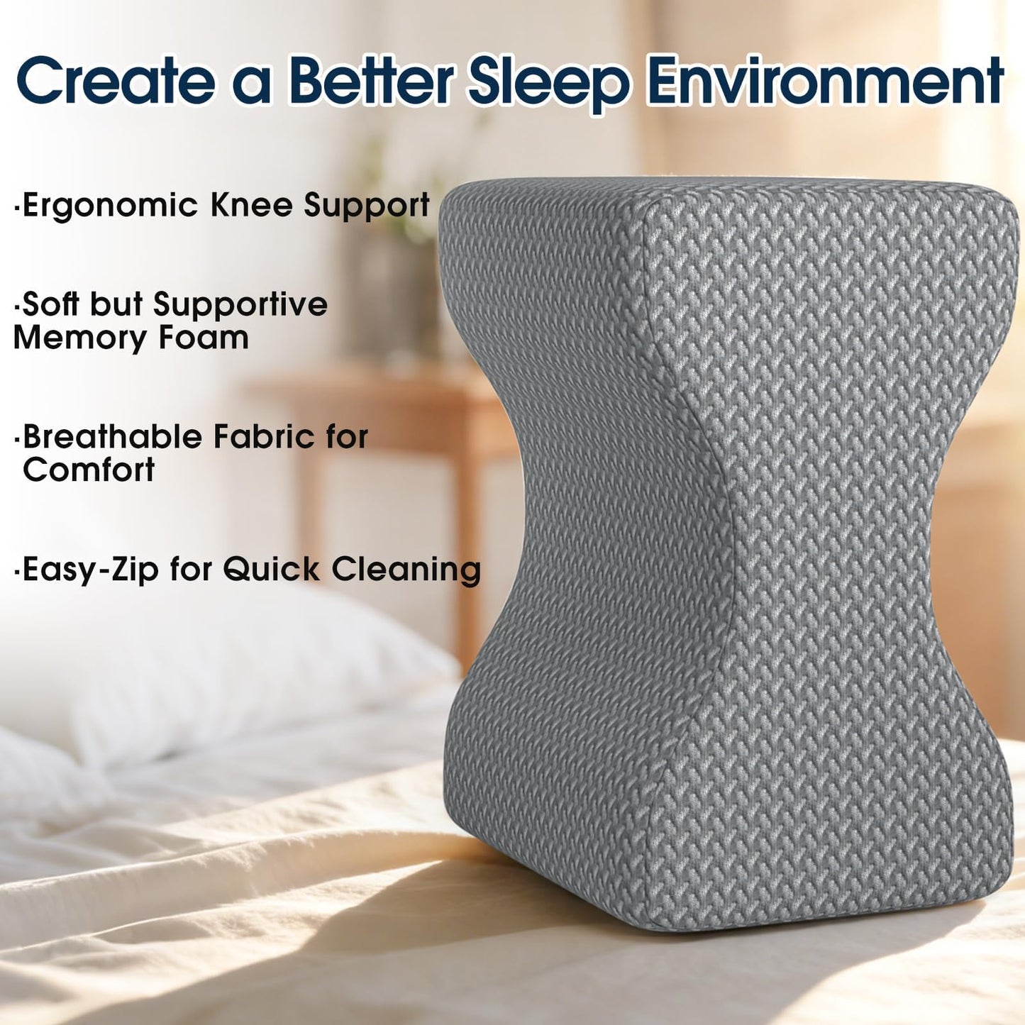 Gray ergonomic contoured knee pillow with textured fabric cover