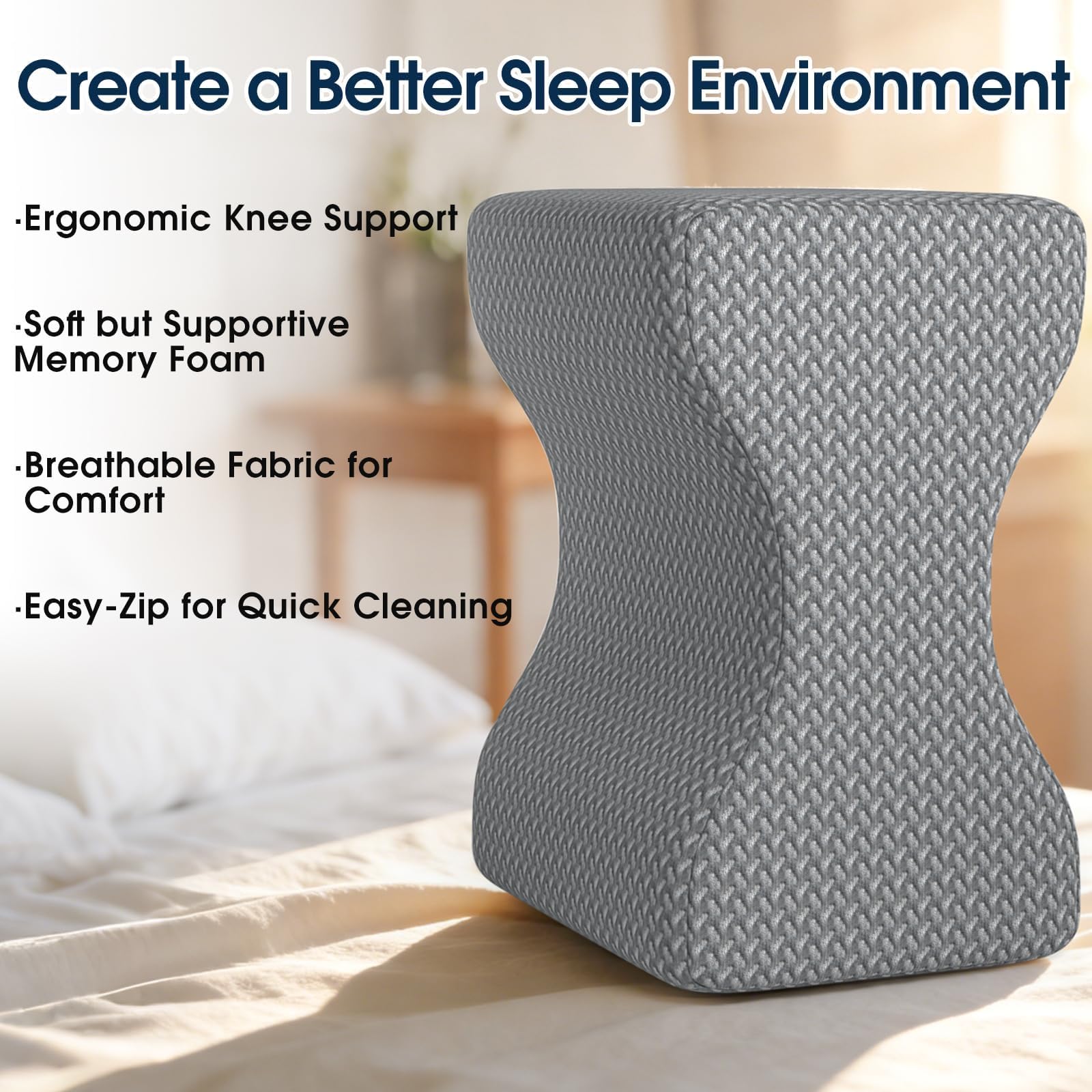 Gray ergonomic contoured knee pillow with textured fabric cover