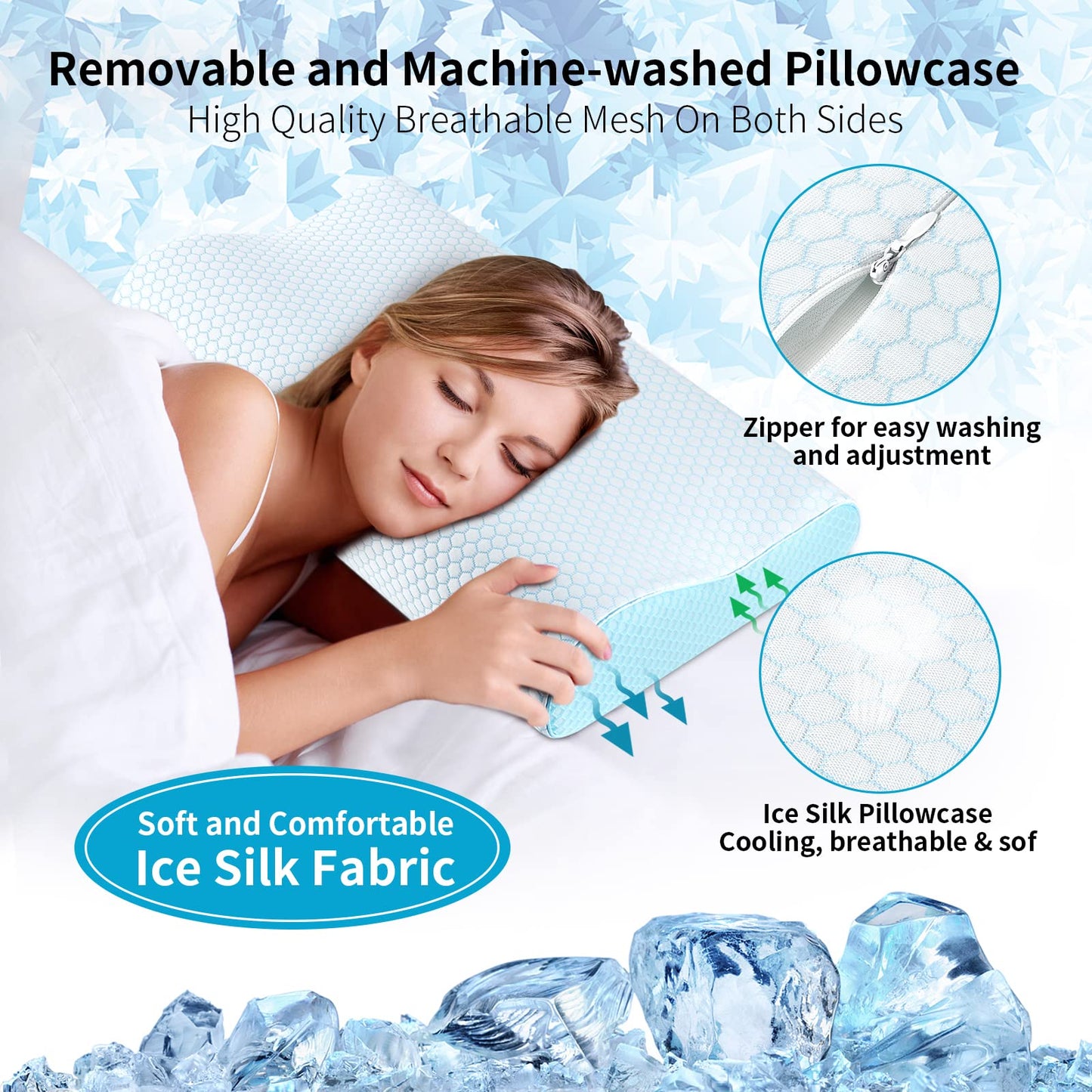 Light blue memory foam pillow under a head, with rounded support shape