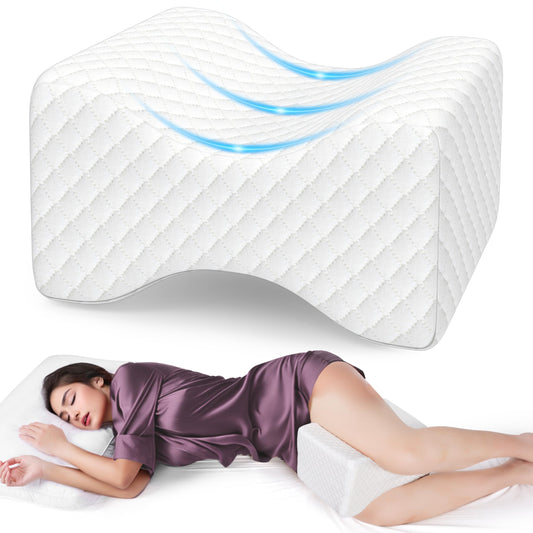 White contoured memory foam knee and leg pillow with quilted cover and curved cutout