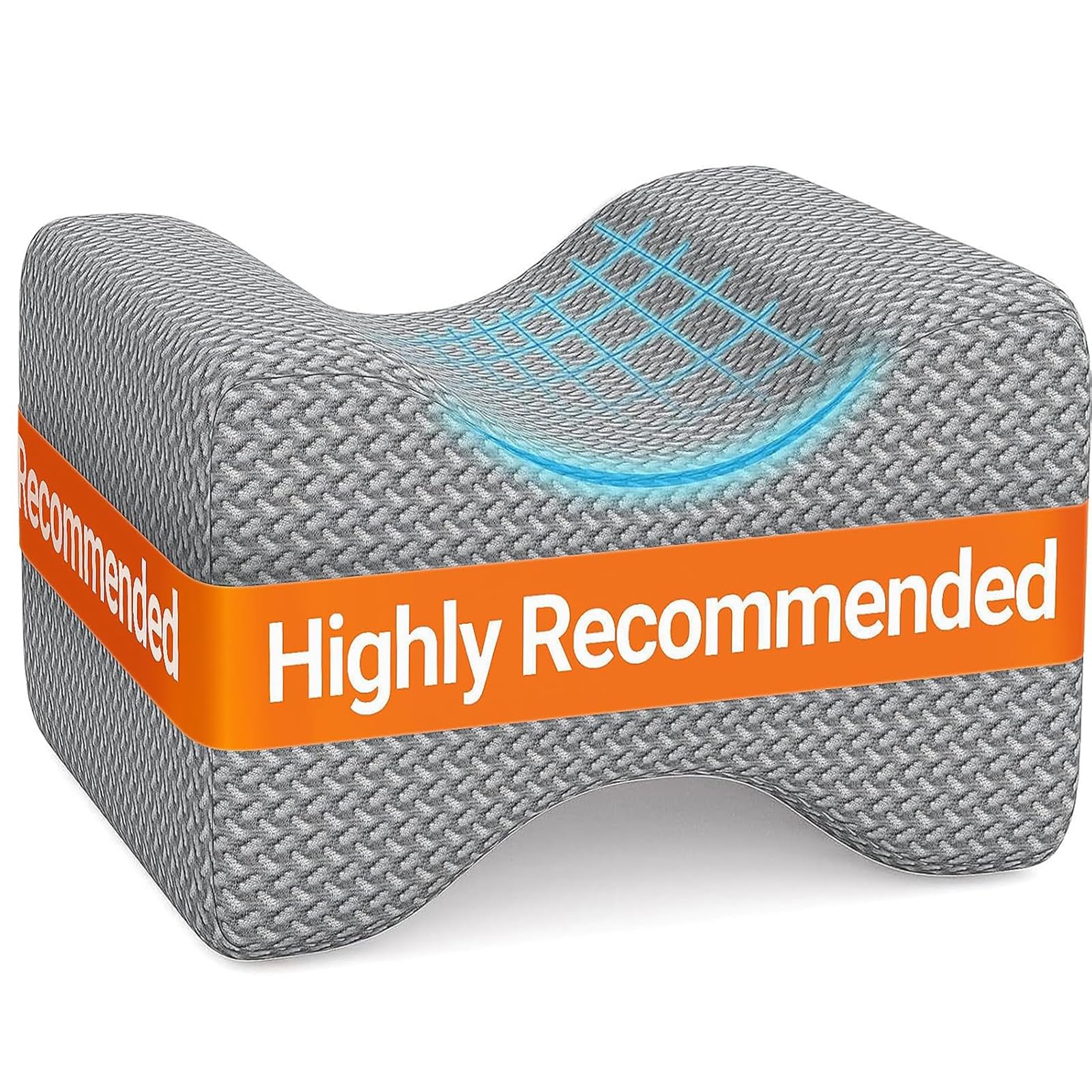 Gray contoured knee and leg memory foam pillow with mesh-like texture