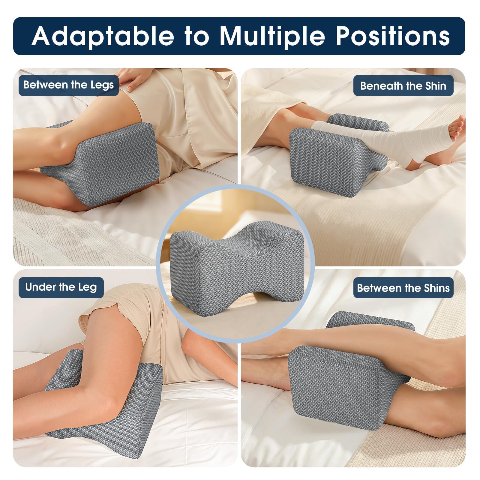 Gray contoured knee pillow shown in multiple support positions on a bed