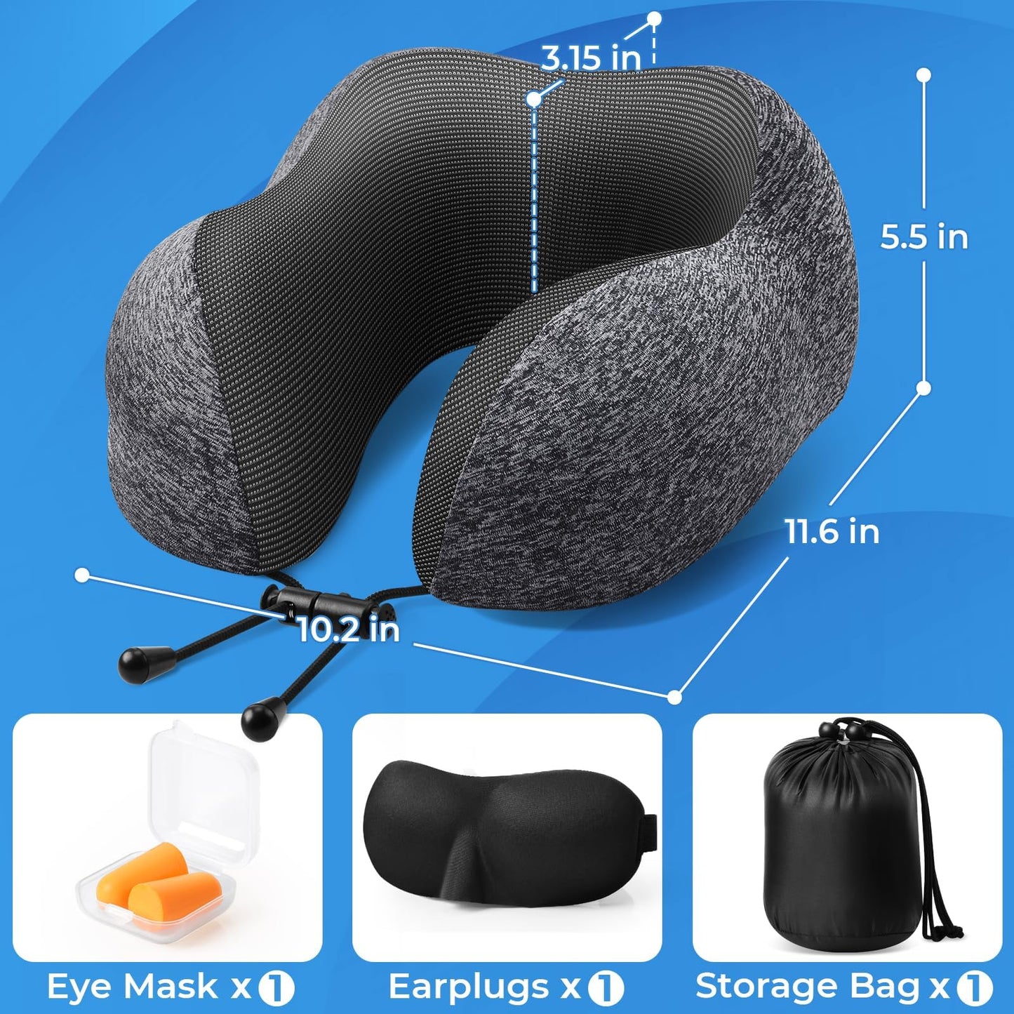 Grey memory foam neck pillow set with earplugs and black storage bag