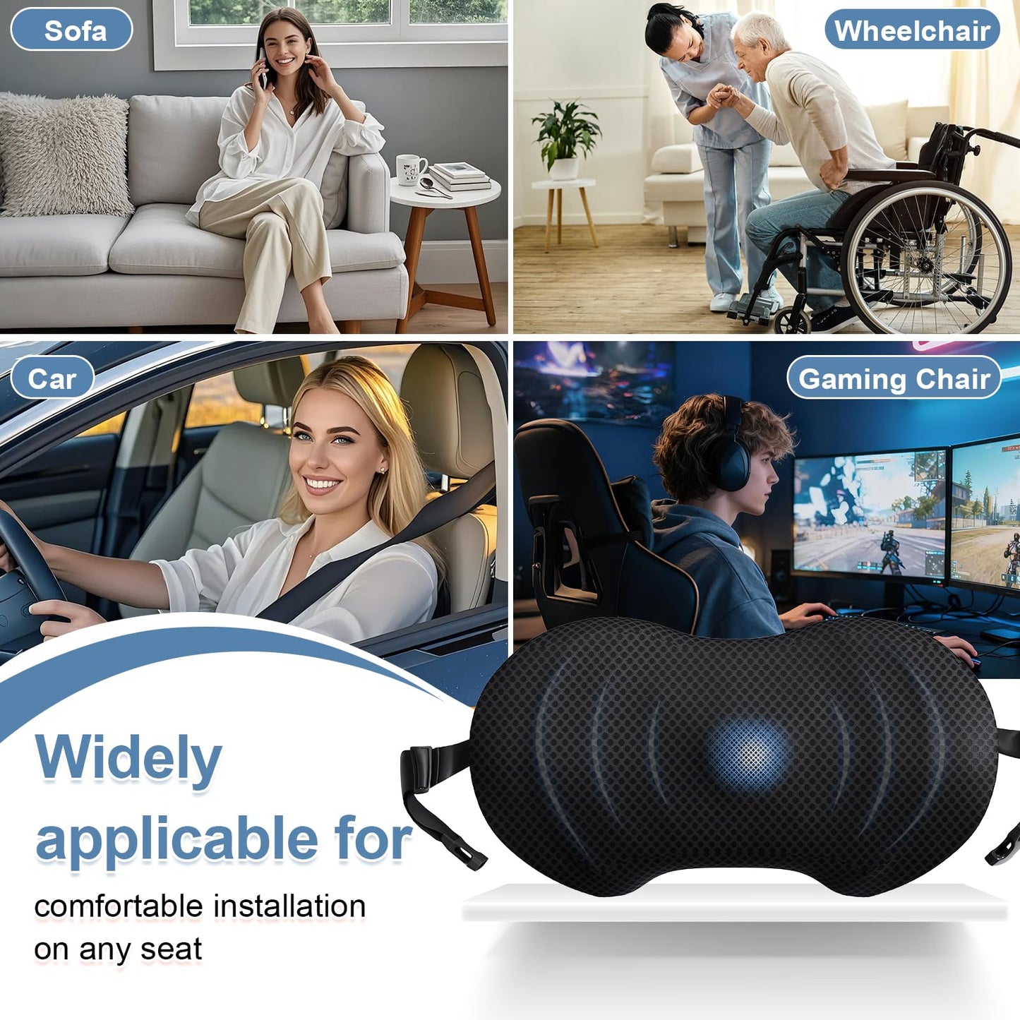 Mesh lumbar support pillow with blue emblem and side fastening straps