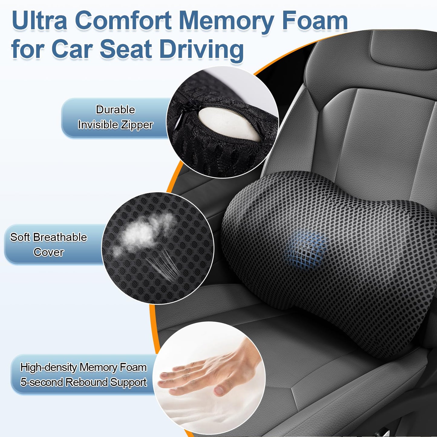 Car back cushion with textured mesh cover and blue center vent area