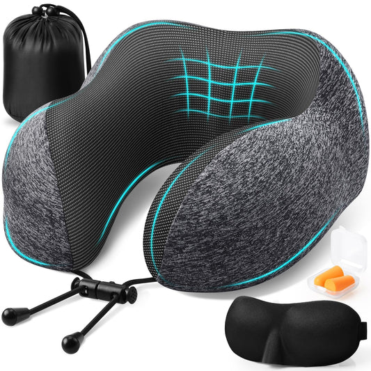 Grey memory foam neck pillow with turquoise trim, plus earplugs and storage pouch