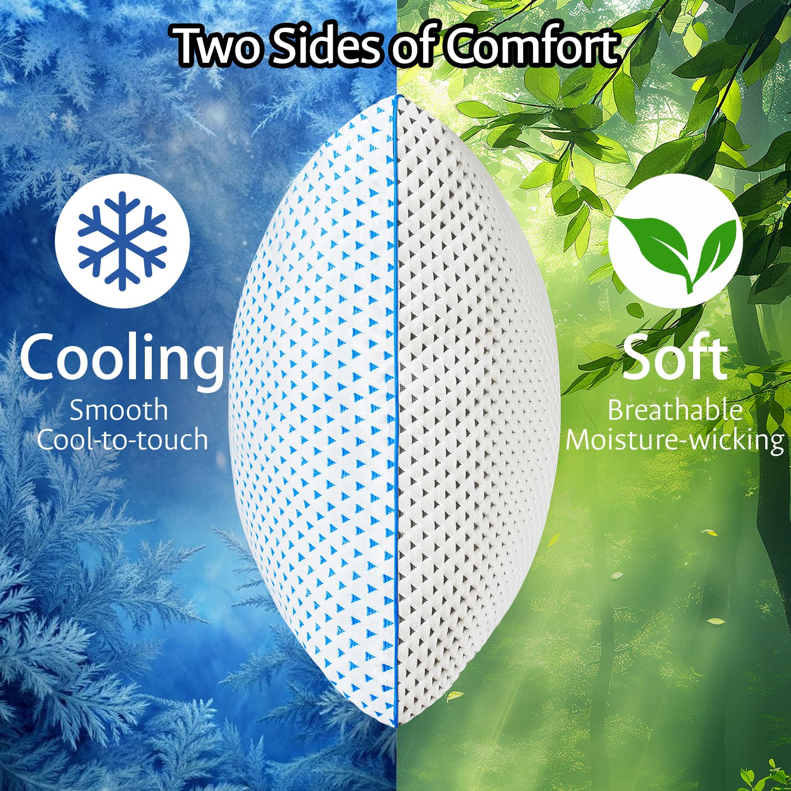 Blue and white cooling gel pillow shown in side view with textured fabric cover
