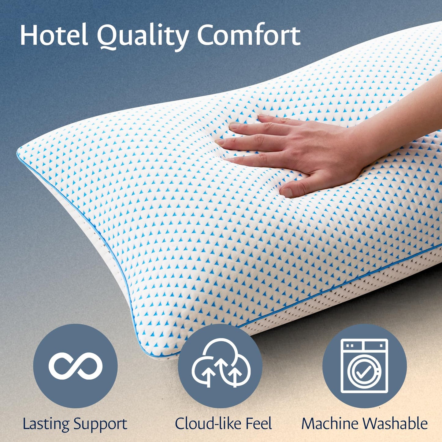 Blue cooling pillow corner close-up with white textured cover