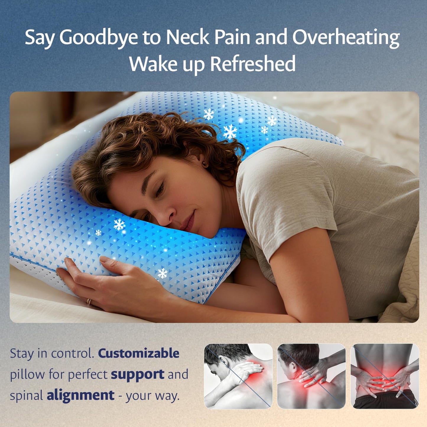 Blue cooling gel memory foam pillow supporting a sleeping head on a bed