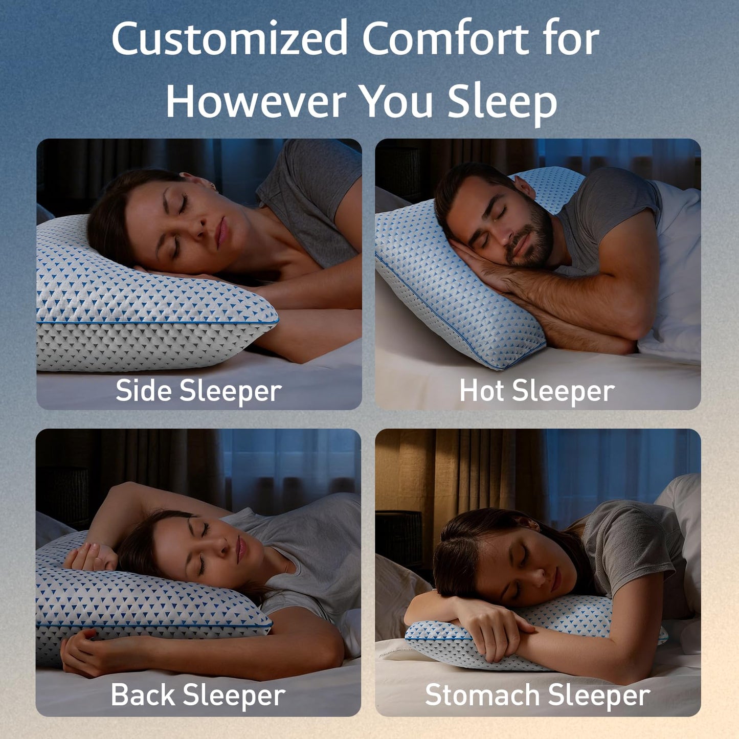 Four views of a blue cooling gel memory foam pillow for side, back, and stomach sleeping