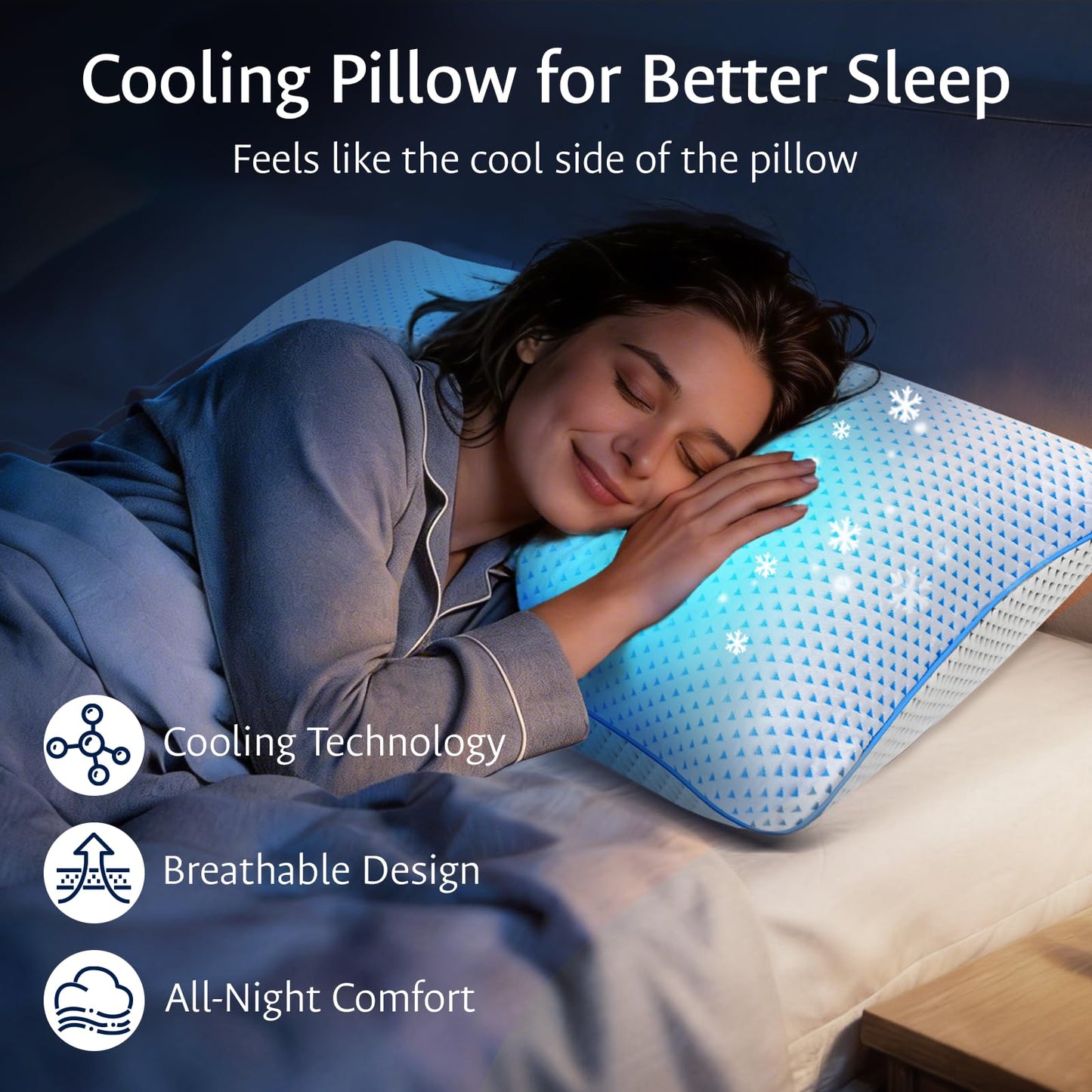 Blue patterned cooling gel memory foam pillow under a sleeping person on a bed