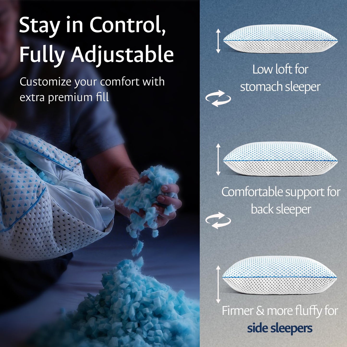 Blue patterned cooling gel memory foam pillow with foam fill shown beside it