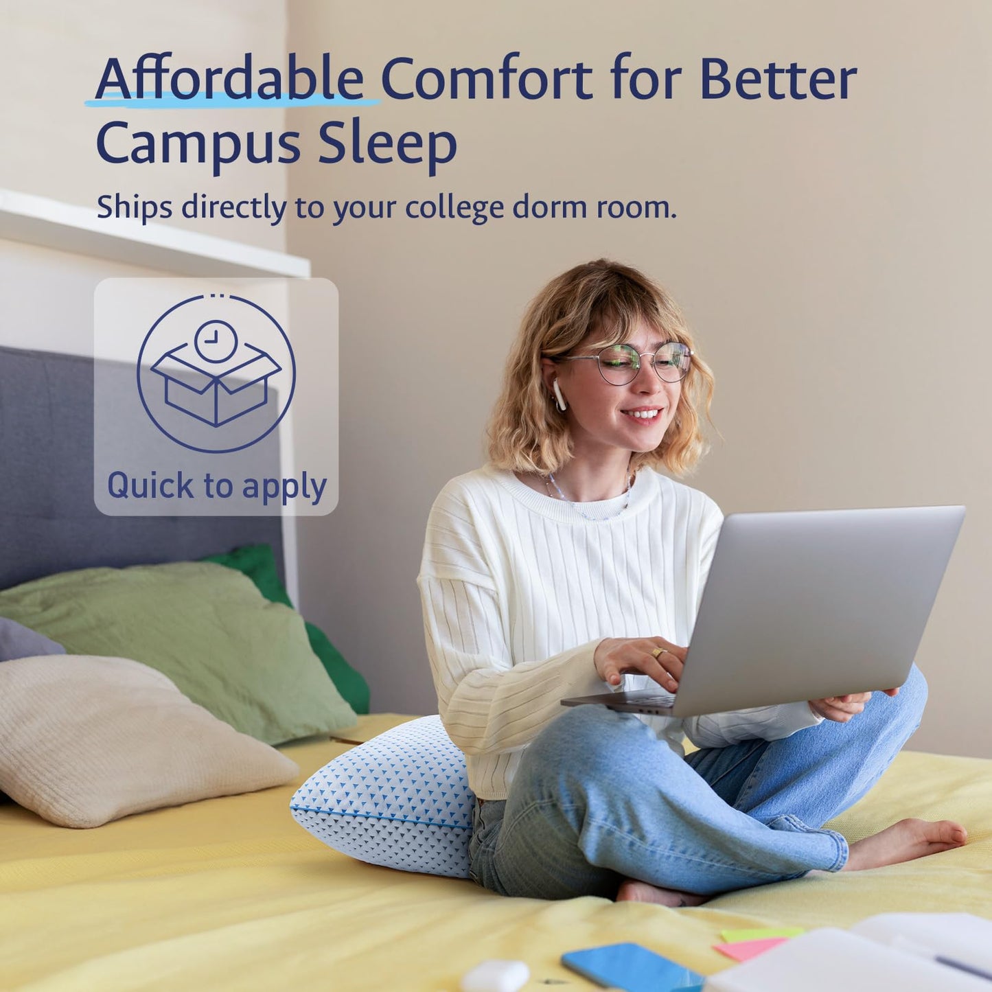 Blue patterned cooling gel memory foam pillow placed on a bed