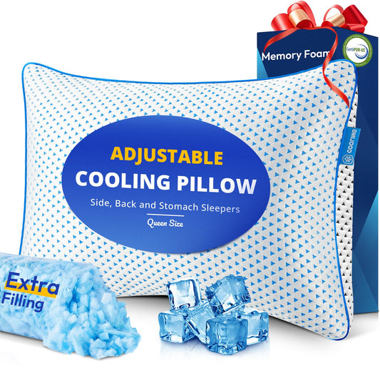 Cooling gel memory foam pillow with blue-and-white patterned cover, adjustable design