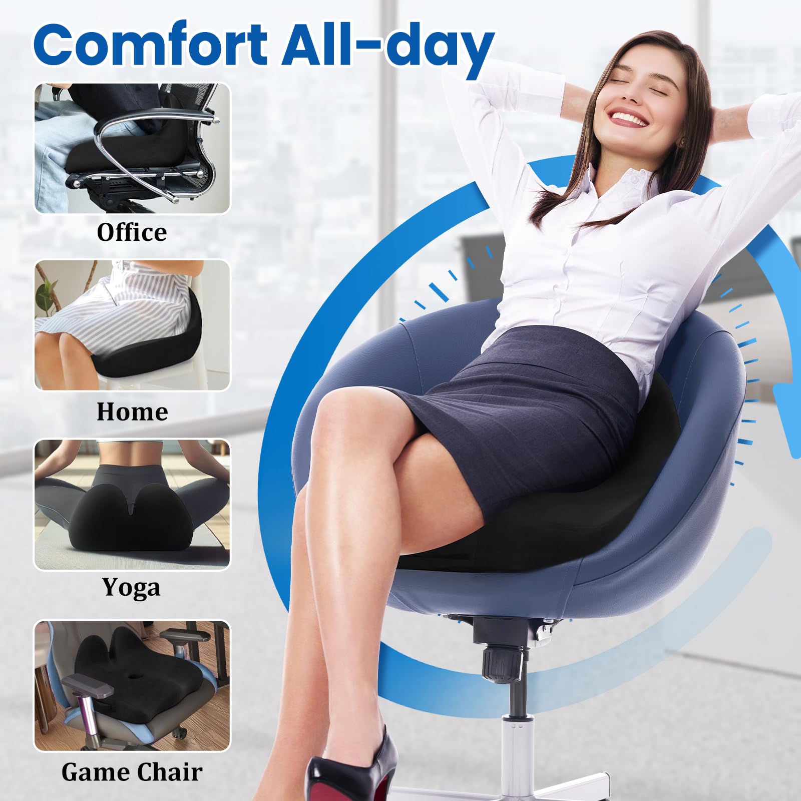 Black ergonomic seat cushion shown on an office chair seat for all-day comfort