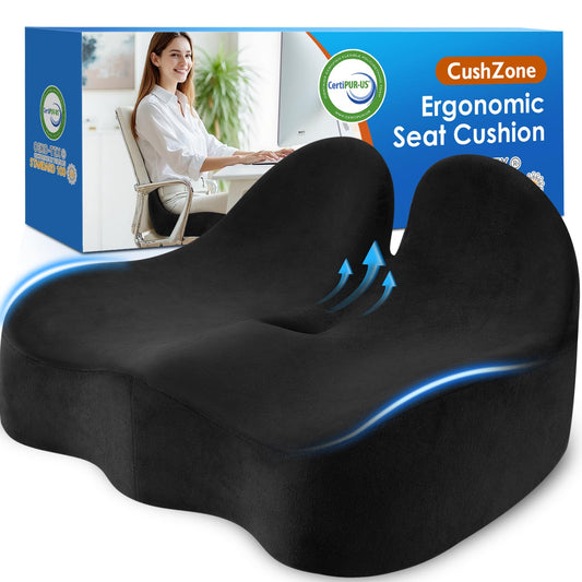 Black ergonomic seat cushion with contoured support and raised front center