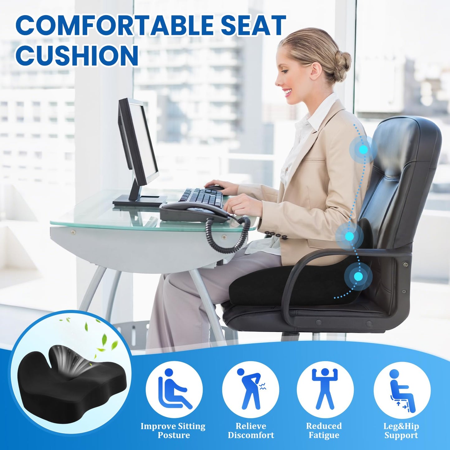 Black ergonomic seat cushion on an office chair, designed for comfortable sitting